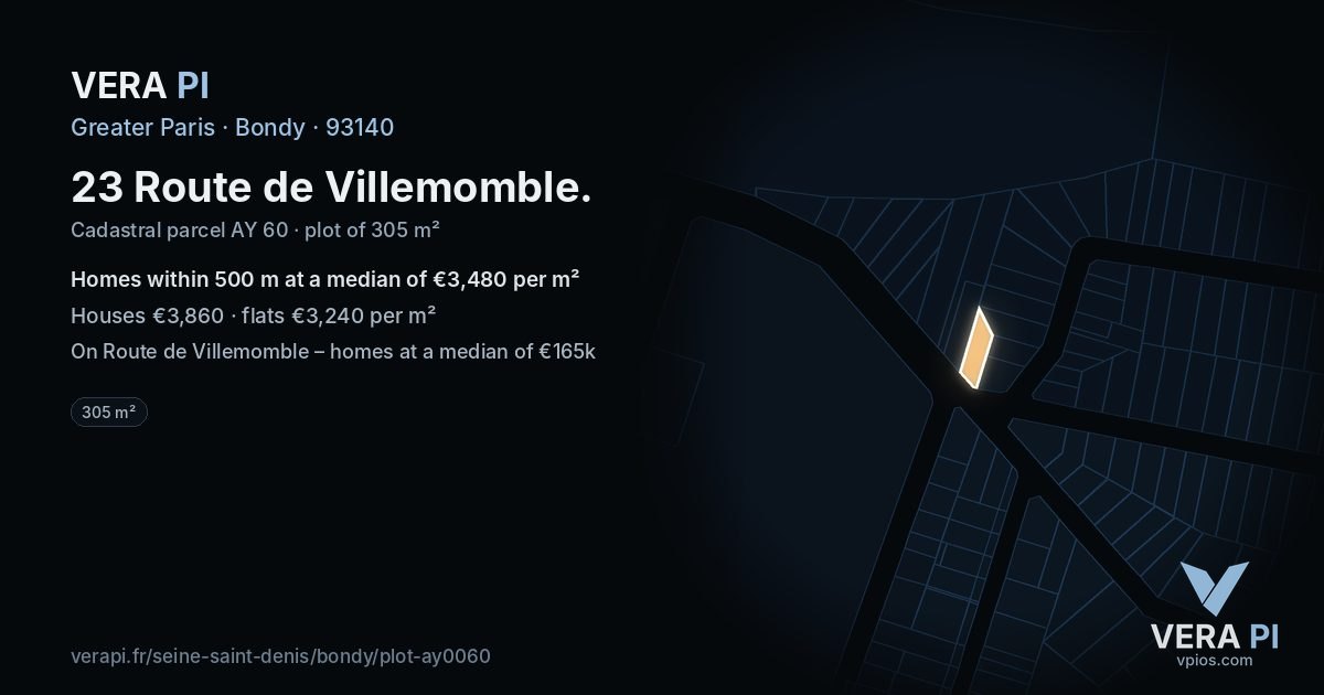 23 Route de Villemomble, Bondy at night – the plot lit, the parcels around coloured by the prices near them