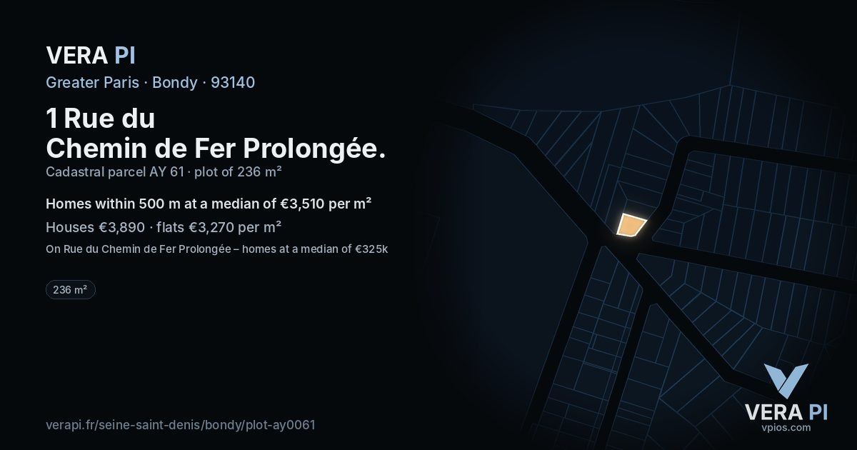 1 Rue du Chemin de Fer Prolongée, Bondy at night – the plot lit, the parcels around coloured by the prices near them