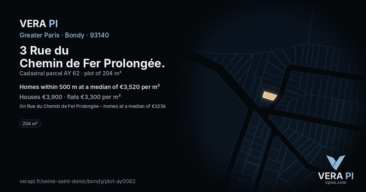 3 Rue du Chemin de Fer Prolongée, Bondy at night – the plot lit, the parcels around coloured by the prices near them
