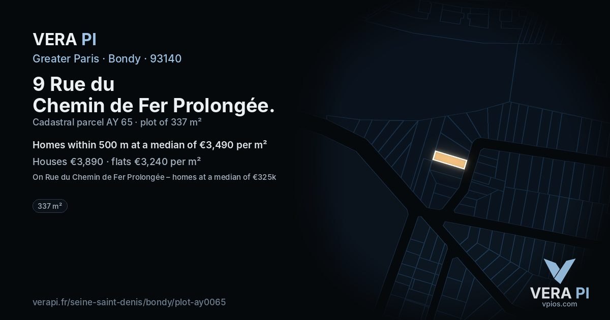 9 Rue du Chemin de Fer Prolongée, Bondy at night – the plot lit, the parcels around coloured by the prices near them