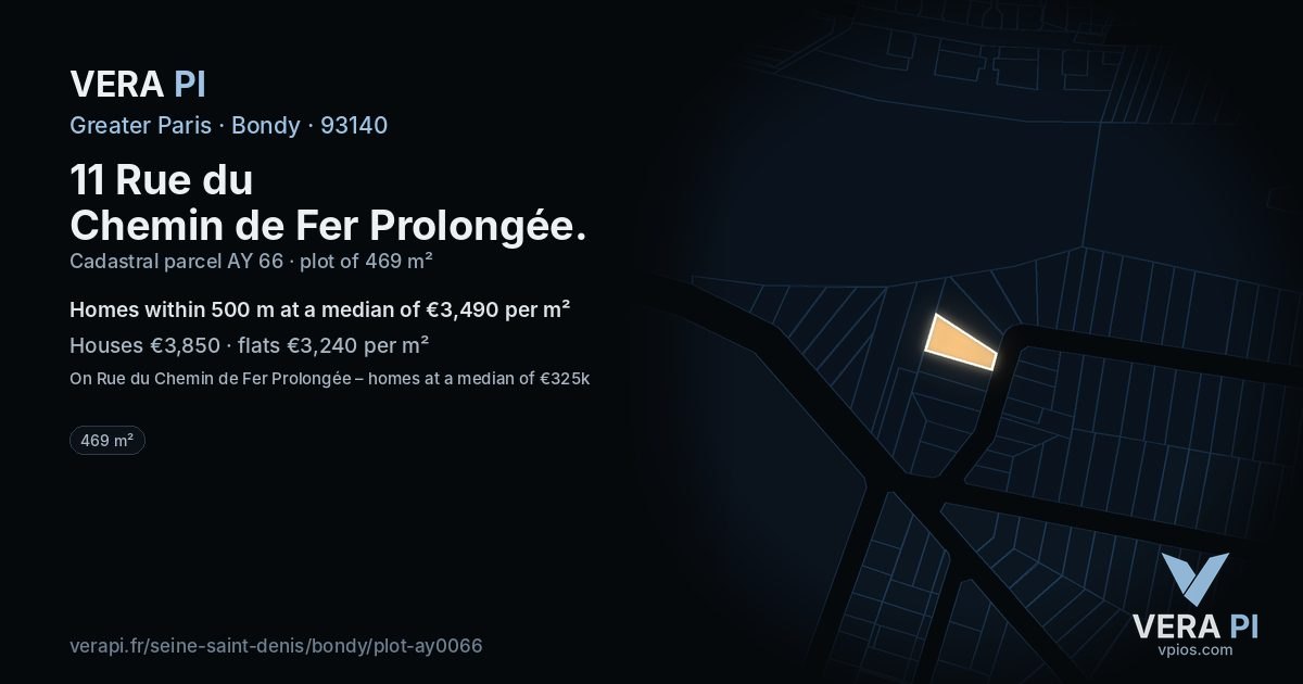 11 Rue du Chemin de Fer Prolongée, Bondy at night – the plot lit, the parcels around coloured by the prices near them