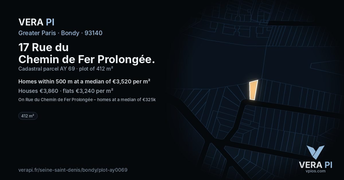 17 Rue du Chemin de Fer Prolongée, Bondy at night – the plot lit, the parcels around coloured by the prices near them
