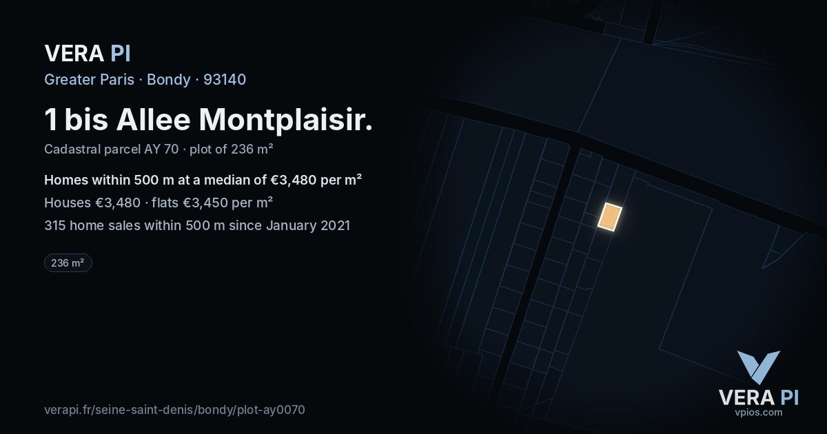 1 bis Allee Montplaisir, Bondy at night – the plot lit, the parcels around coloured by the prices near them