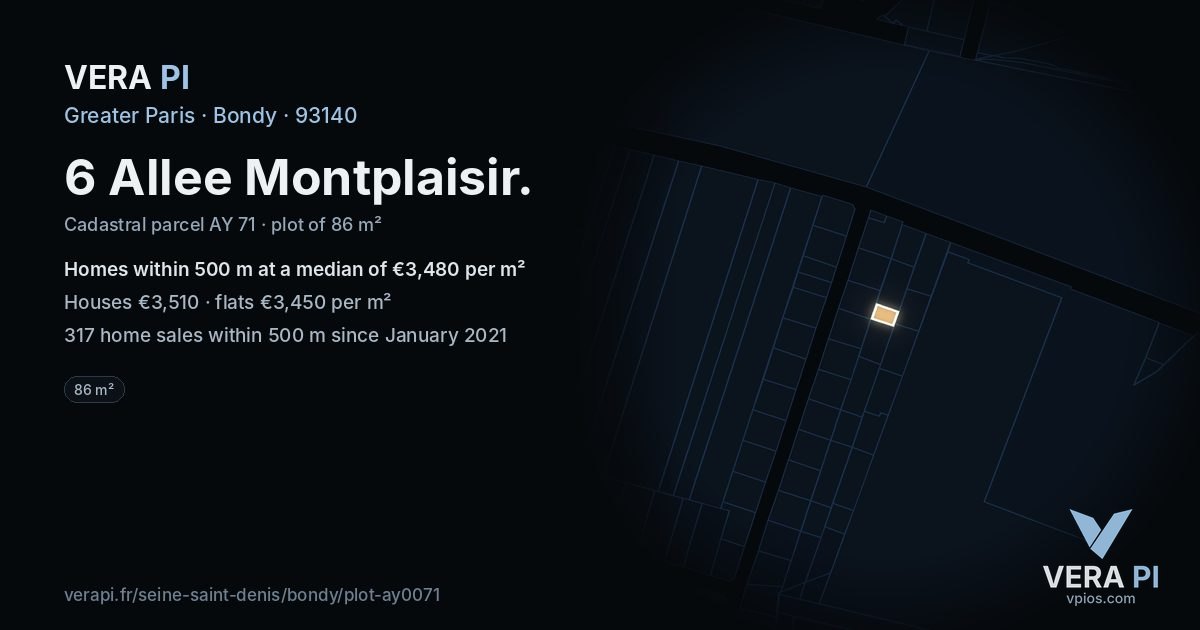 6 Allee Montplaisir, Bondy at night – the plot lit, the parcels around coloured by the prices near them