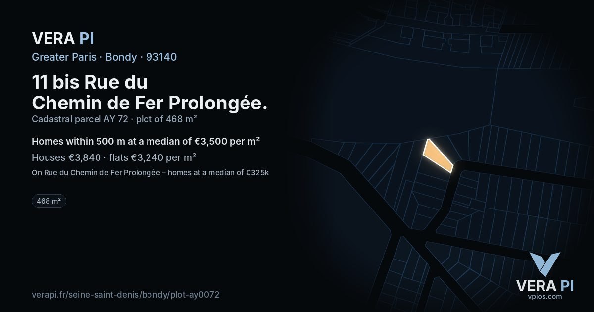 11 bis Rue du Chemin de Fer Prolongée, Bondy at night – the plot lit, the parcels around coloured by the prices near them