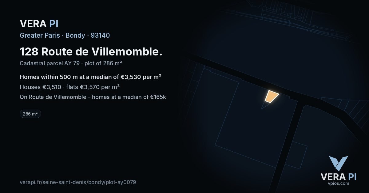 128 Route de Villemomble, Bondy at night – the plot lit, the parcels around coloured by the prices near them