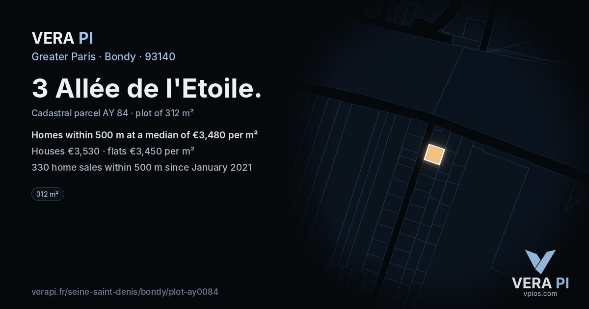 3 Allée de l'Etoile, Bondy at night – the plot lit, the parcels around coloured by the prices near them