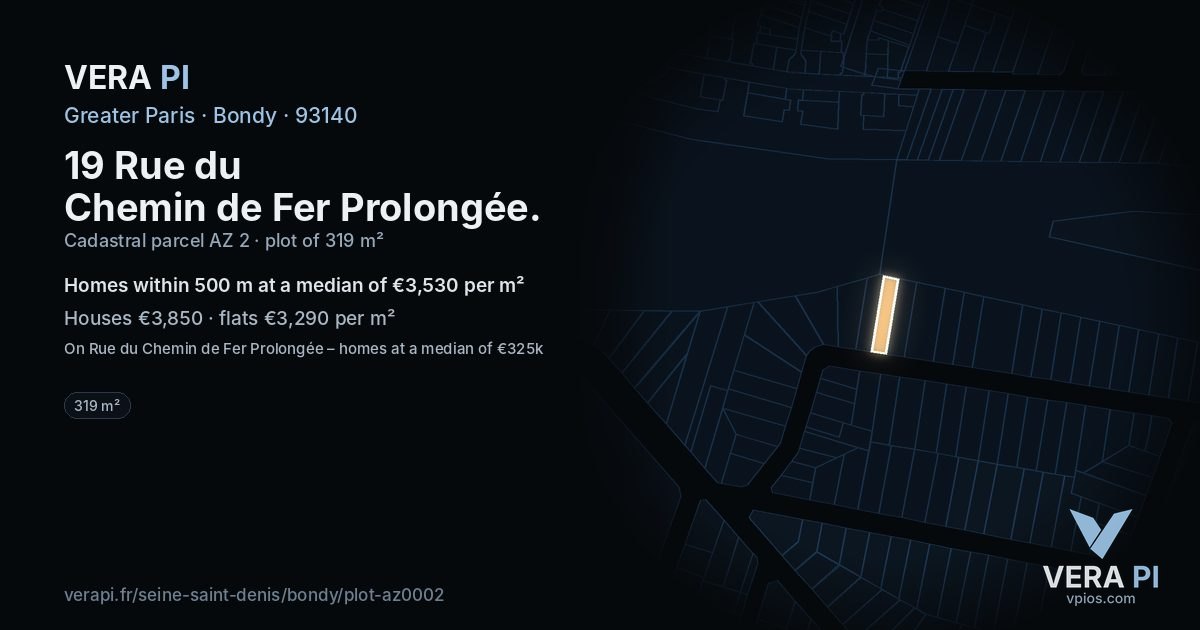 19 Rue du Chemin de Fer Prolongée, Bondy at night – the plot lit, the parcels around coloured by the prices near them