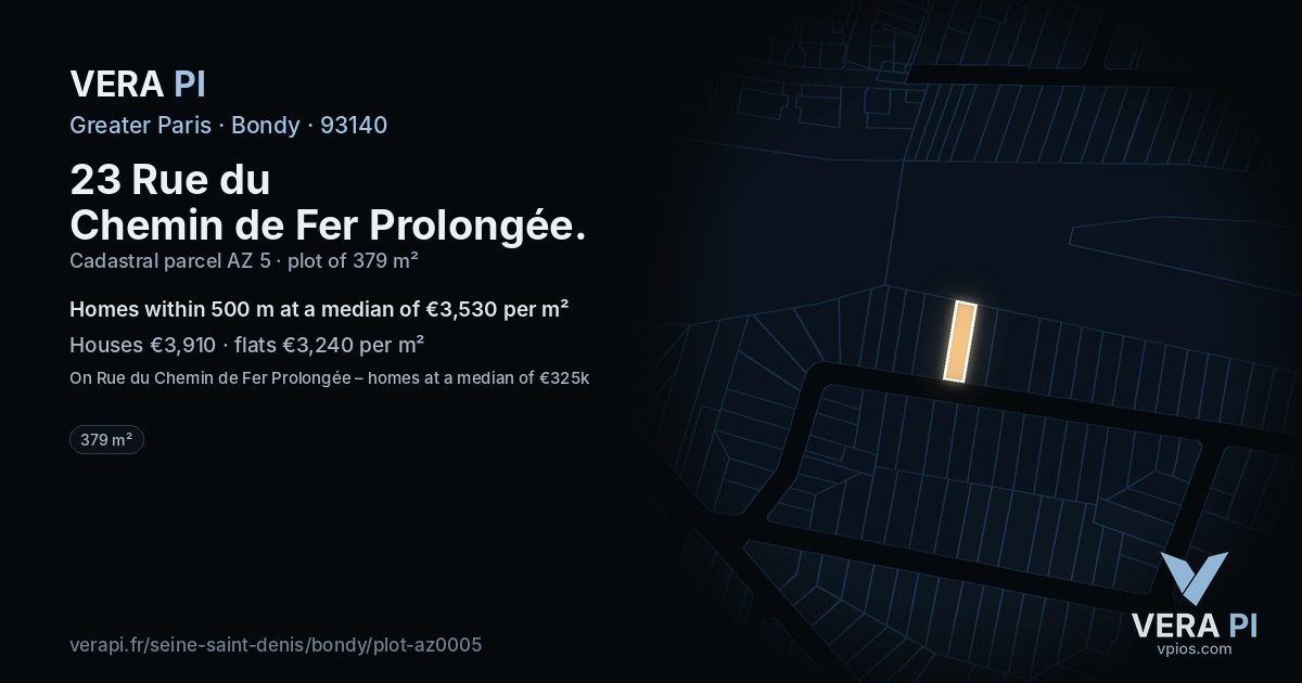 23 Rue du Chemin de Fer Prolongée, Bondy at night – the plot lit, the parcels around coloured by the prices near them