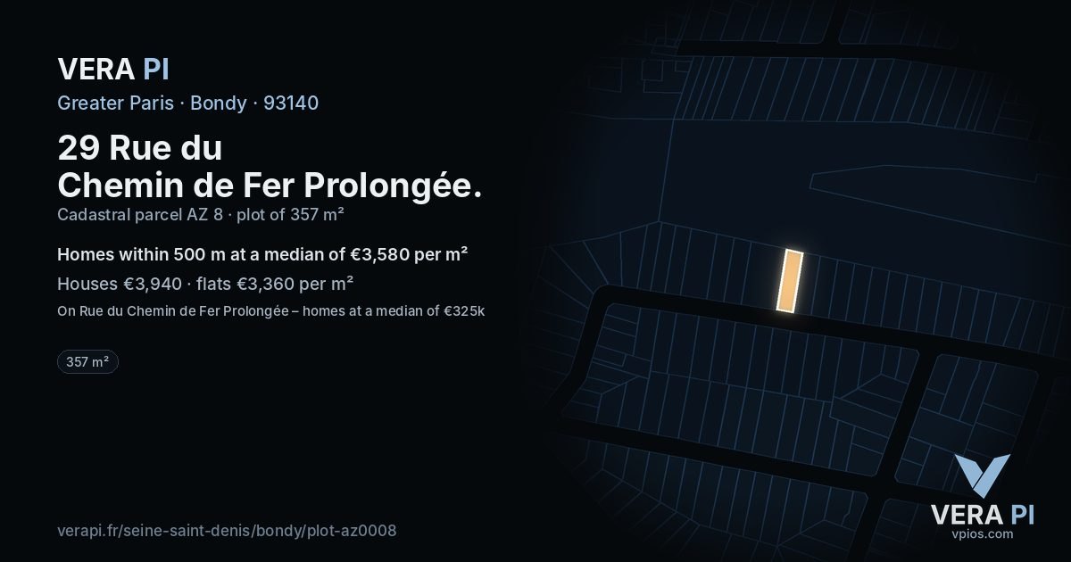 29 Rue du Chemin de Fer Prolongée, Bondy at night – the plot lit, the parcels around coloured by the prices near them