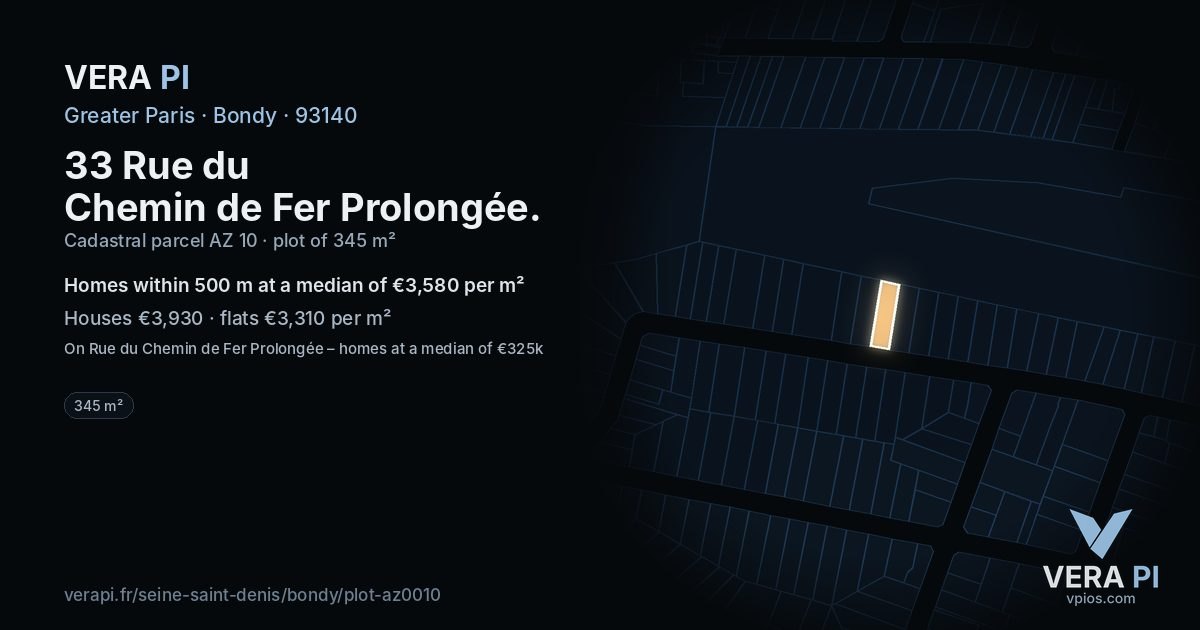 33 Rue du Chemin de Fer Prolongée, Bondy at night – the plot lit, the parcels around coloured by the prices near them