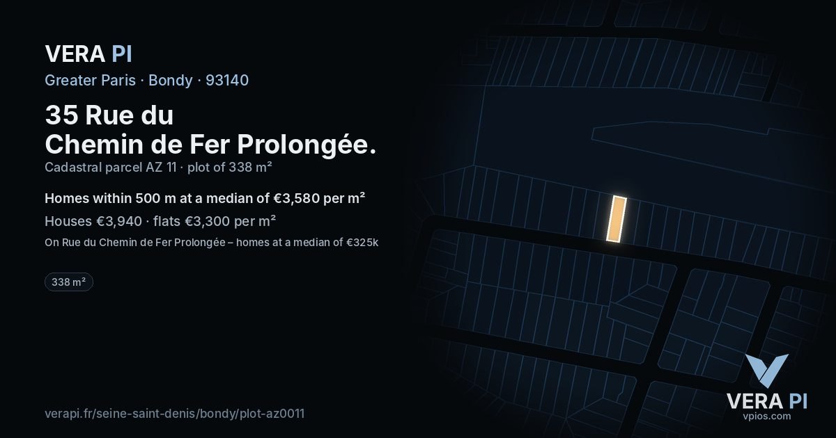35 Rue du Chemin de Fer Prolongée, Bondy at night – the plot lit, the parcels around coloured by the prices near them