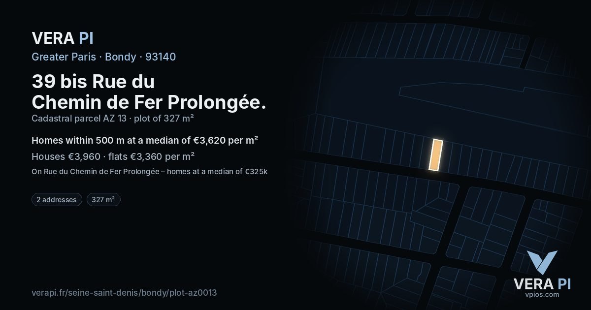 39 bis Rue du Chemin de Fer Prolongée, Bondy at night – the plot lit, the parcels around coloured by the prices near them