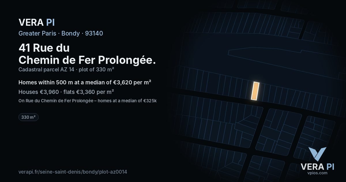 41 Rue du Chemin de Fer Prolongée, Bondy at night – the plot lit, the parcels around coloured by the prices near them