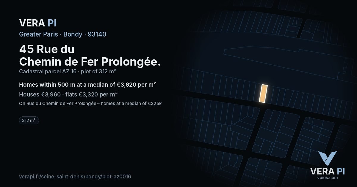 45 Rue du Chemin de Fer Prolongée, Bondy at night – the plot lit, the parcels around coloured by the prices near them