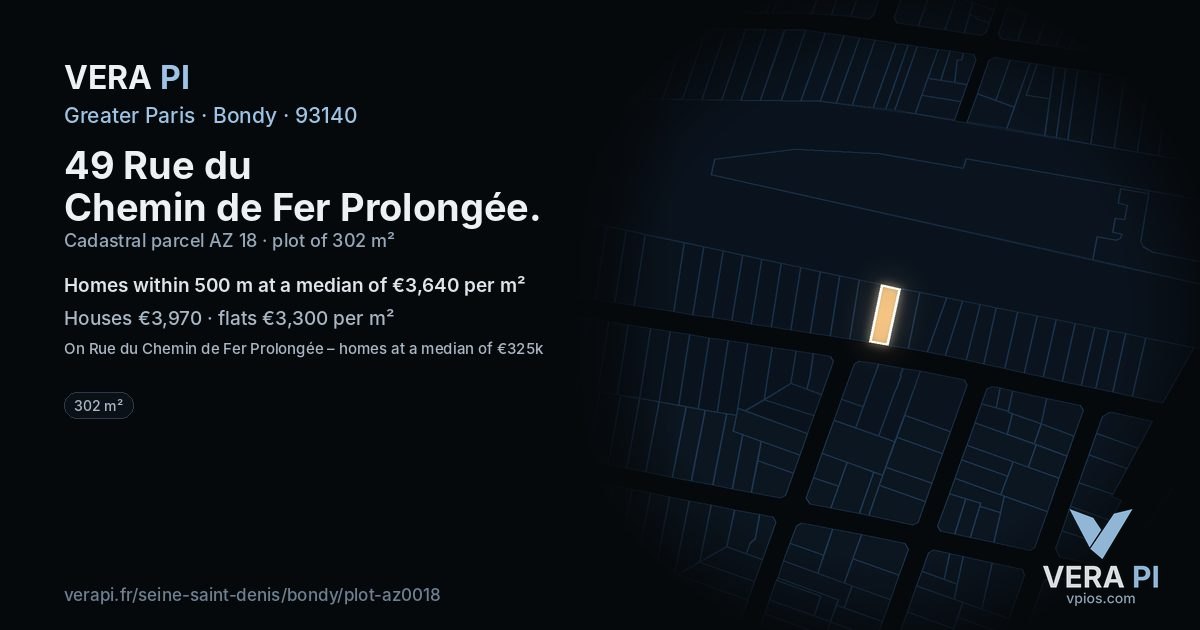 49 Rue du Chemin de Fer Prolongée, Bondy at night – the plot lit, the parcels around coloured by the prices near them