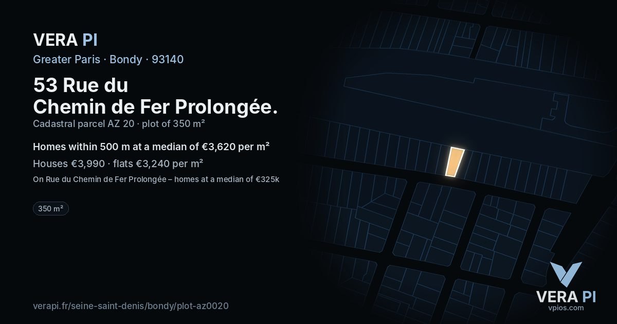 53 Rue du Chemin de Fer Prolongée, Bondy at night – the plot lit, the parcels around coloured by the prices near them