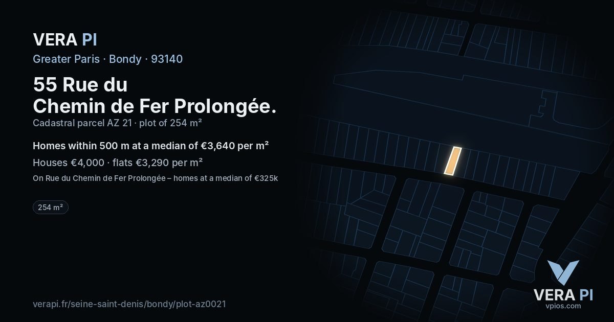 55 Rue du Chemin de Fer Prolongée, Bondy at night – the plot lit, the parcels around coloured by the prices near them