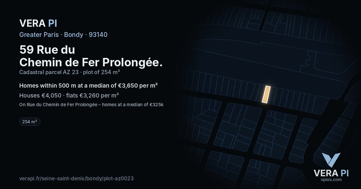 59 Rue du Chemin de Fer Prolongée, Bondy at night – the plot lit, the parcels around coloured by the prices near them