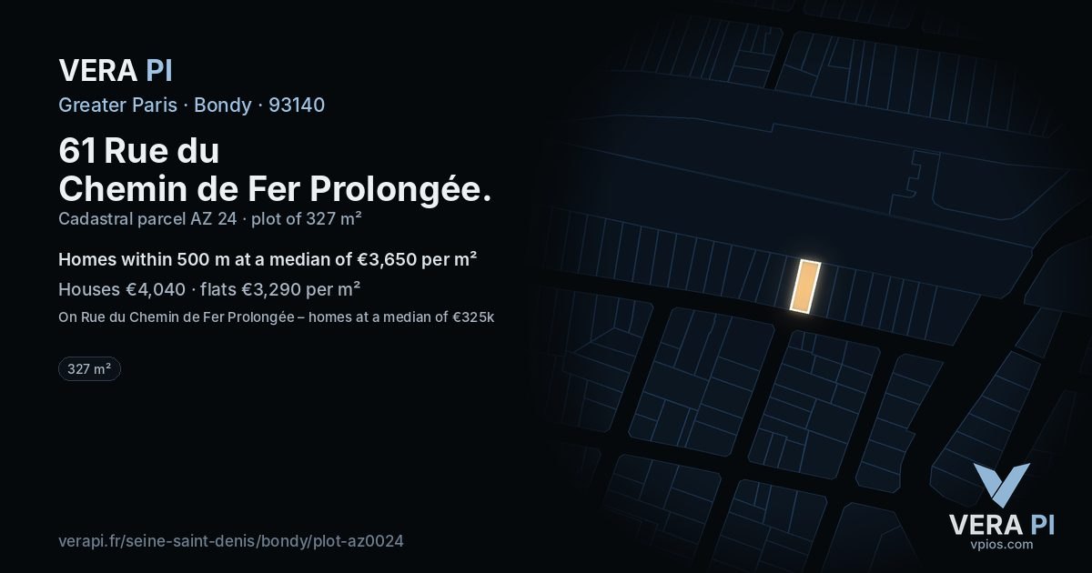 61 Rue du Chemin de Fer Prolongée, Bondy at night – the plot lit, the parcels around coloured by the prices near them