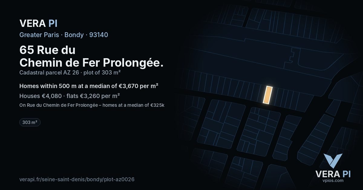 65 Rue du Chemin de Fer Prolongée, Bondy at night – the plot lit, the parcels around coloured by the prices near them