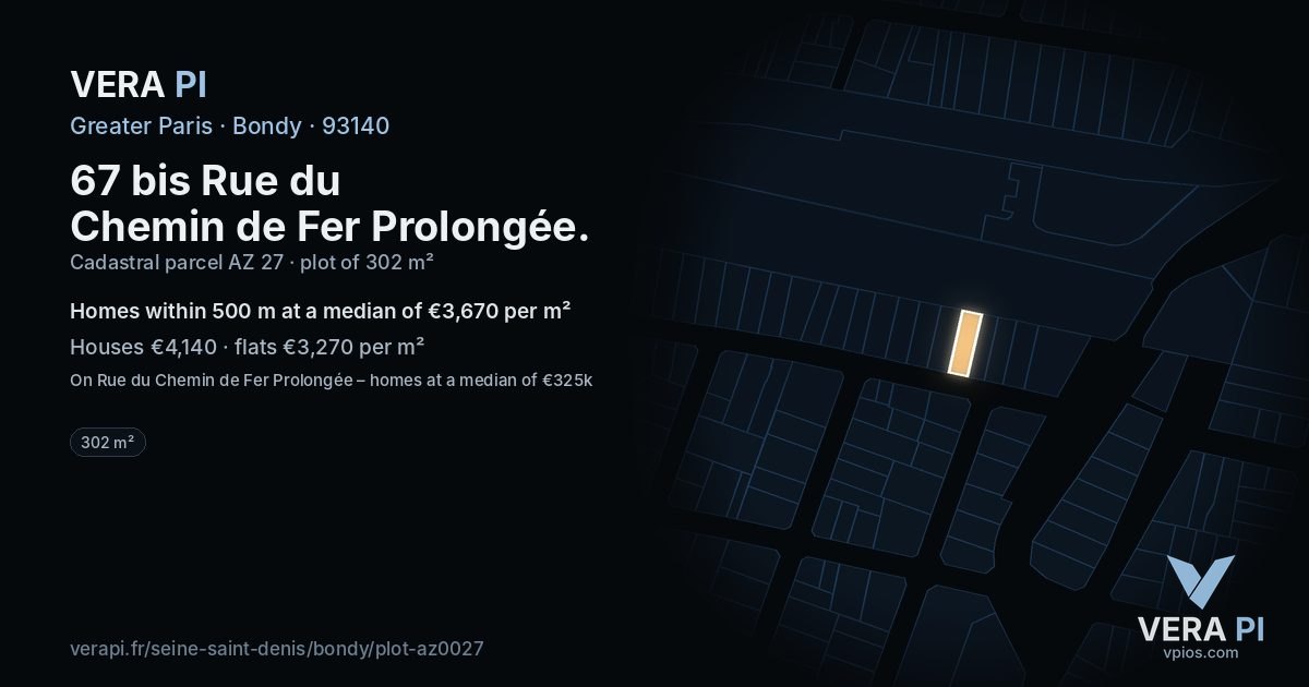67 bis Rue du Chemin de Fer Prolongée, Bondy at night – the plot lit, the parcels around coloured by the prices near them