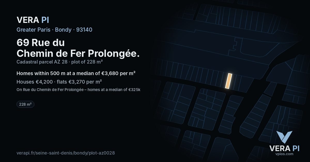 69 Rue du Chemin de Fer Prolongée, Bondy at night – the plot lit, the parcels around coloured by the prices near them
