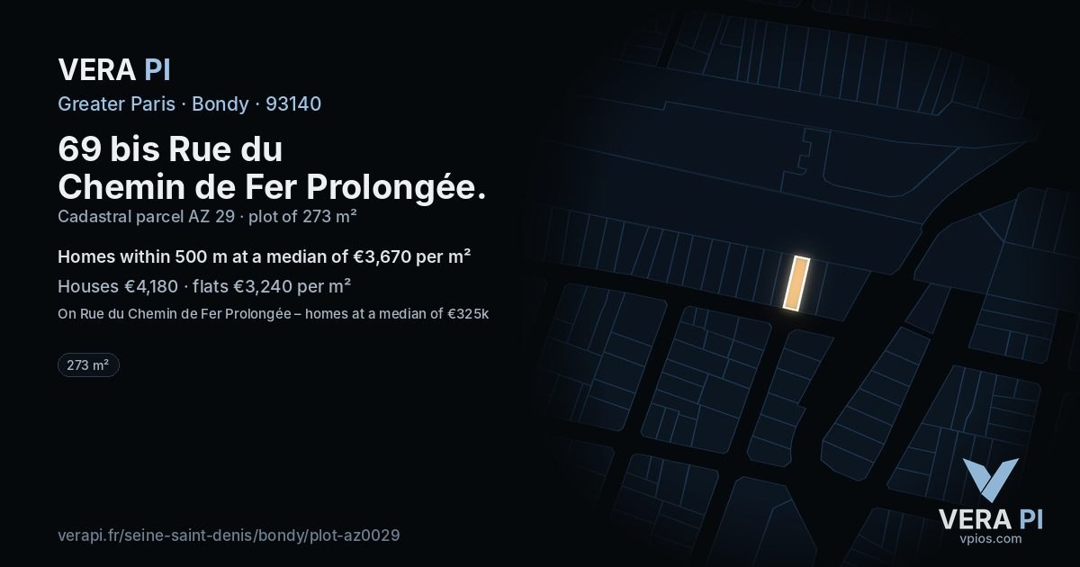 69 bis Rue du Chemin de Fer Prolongée, Bondy at night – the plot lit, the parcels around coloured by the prices near them