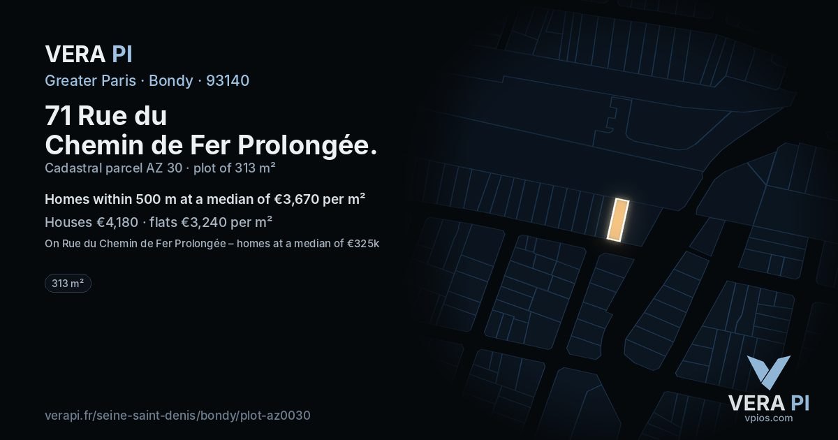 71 Rue du Chemin de Fer Prolongée, Bondy at night – the plot lit, the parcels around coloured by the prices near them