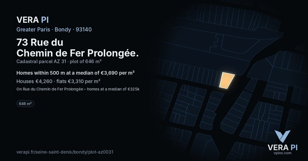 73 Rue du Chemin de Fer Prolongée, Bondy at night – the plot lit, the parcels around coloured by the prices near them