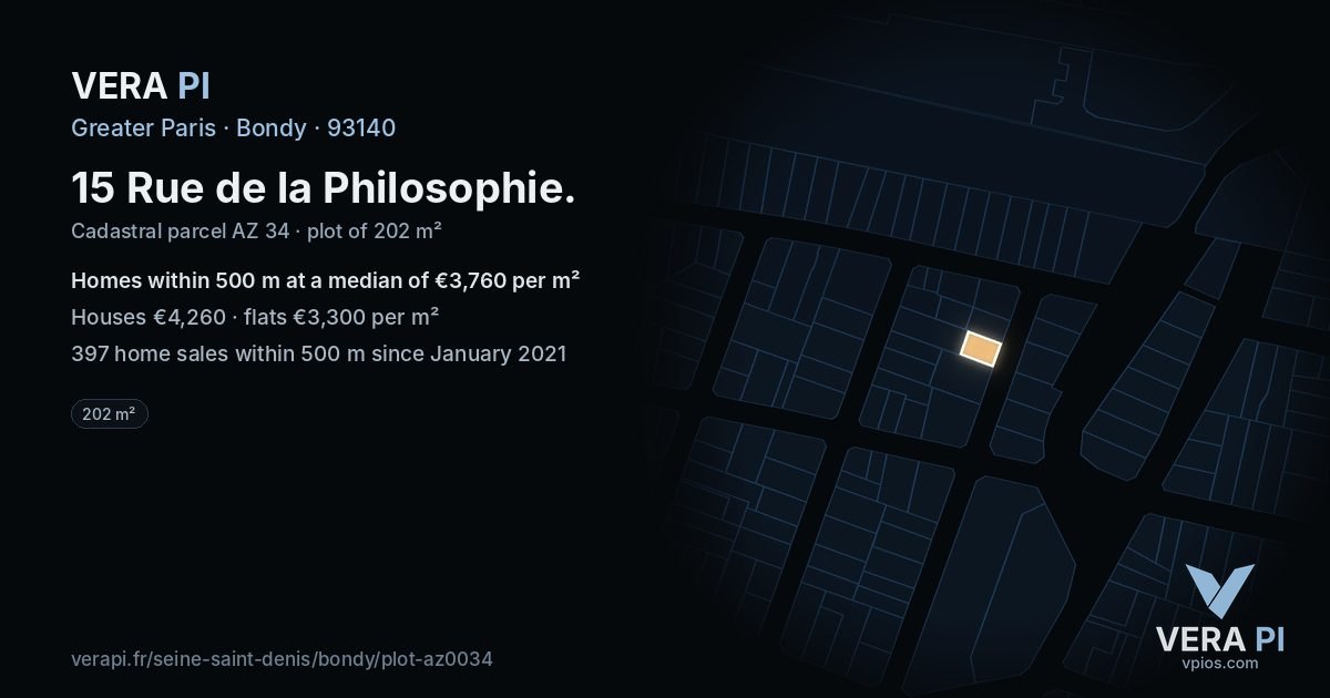 15 Rue de la Philosophie, Bondy at night – the plot lit, the parcels around coloured by the prices near them