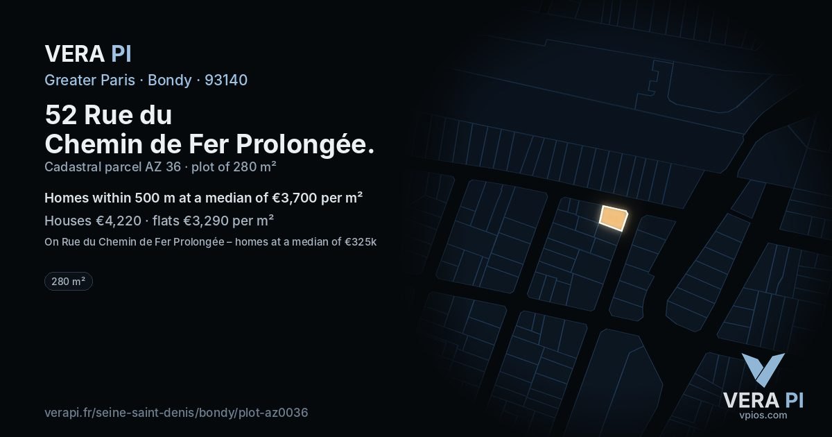 52 Rue du Chemin de Fer Prolongée, Bondy at night – the plot lit, the parcels around coloured by the prices near them
