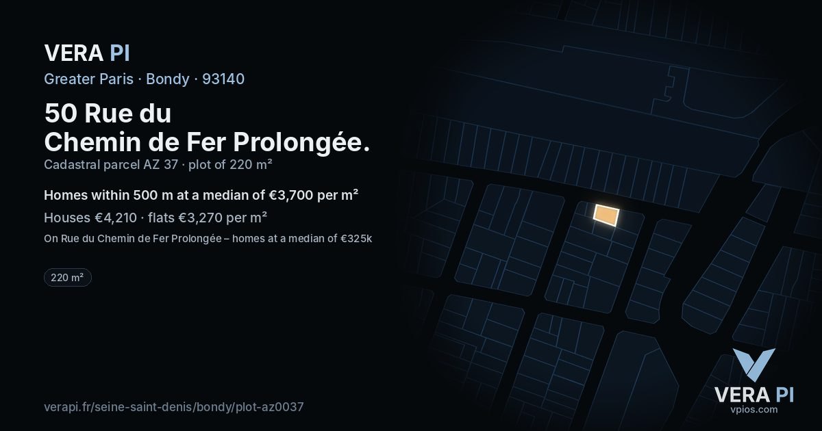 50 Rue du Chemin de Fer Prolongée, Bondy at night – the plot lit, the parcels around coloured by the prices near them