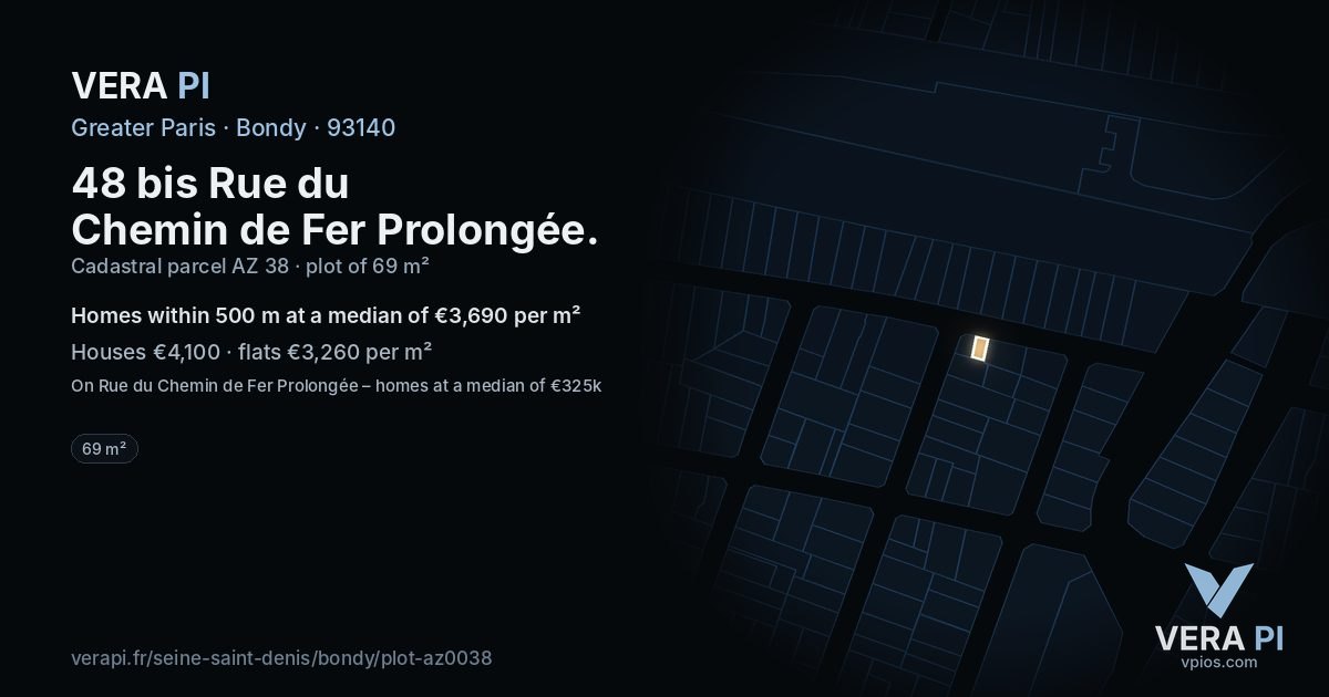48 bis Rue du Chemin de Fer Prolongée, Bondy at night – the plot lit, the parcels around coloured by the prices near them