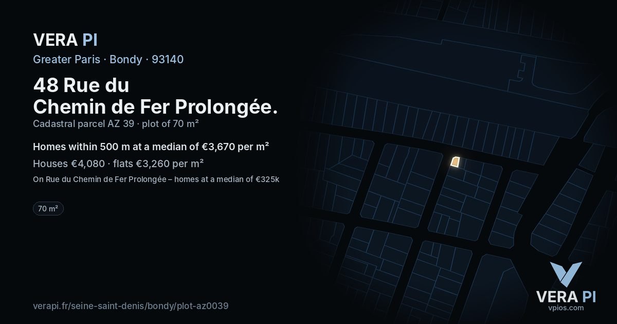 48 Rue du Chemin de Fer Prolongée, Bondy at night – the plot lit, the parcels around coloured by the prices near them