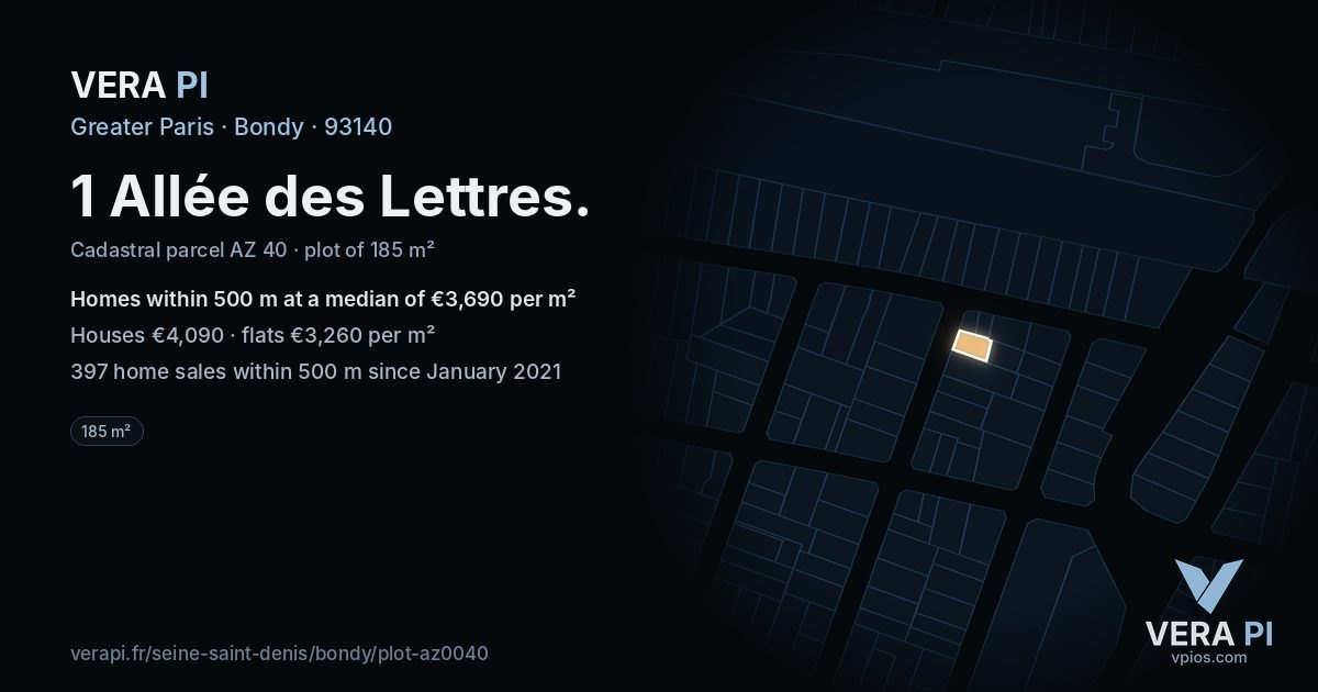 1 Allée des Lettres, Bondy at night – the plot lit, the parcels around coloured by the prices near them