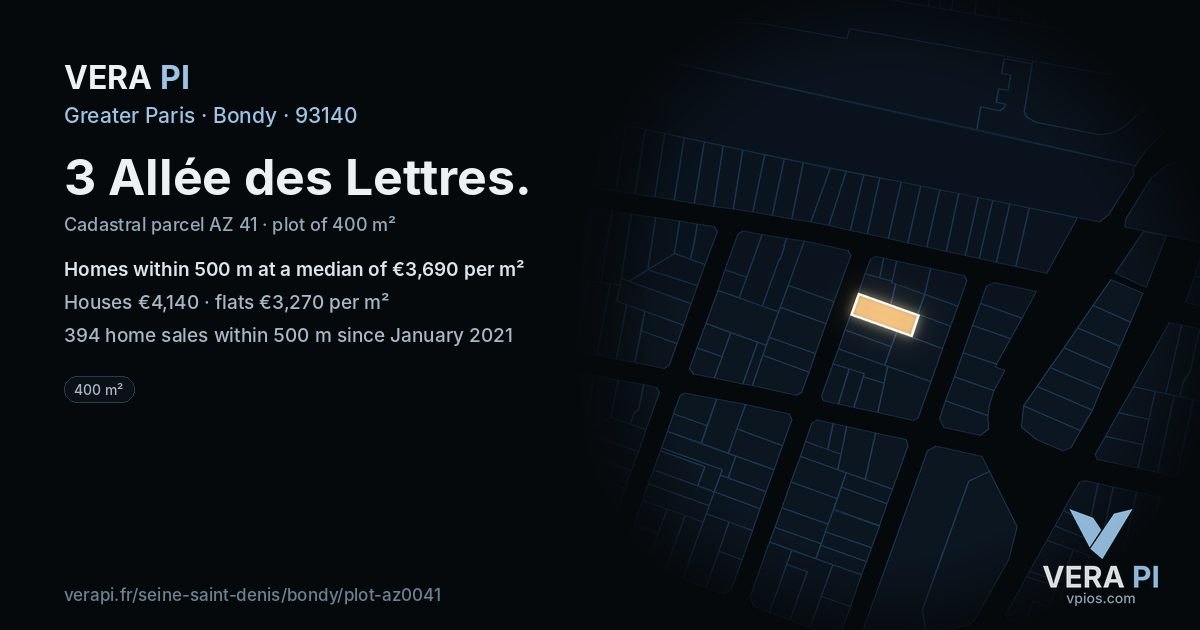 3 Allée des Lettres, Bondy at night – the plot lit, the parcels around coloured by the prices near them