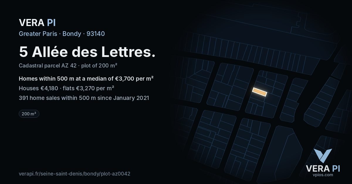 5 Allée des Lettres, Bondy at night – the plot lit, the parcels around coloured by the prices near them