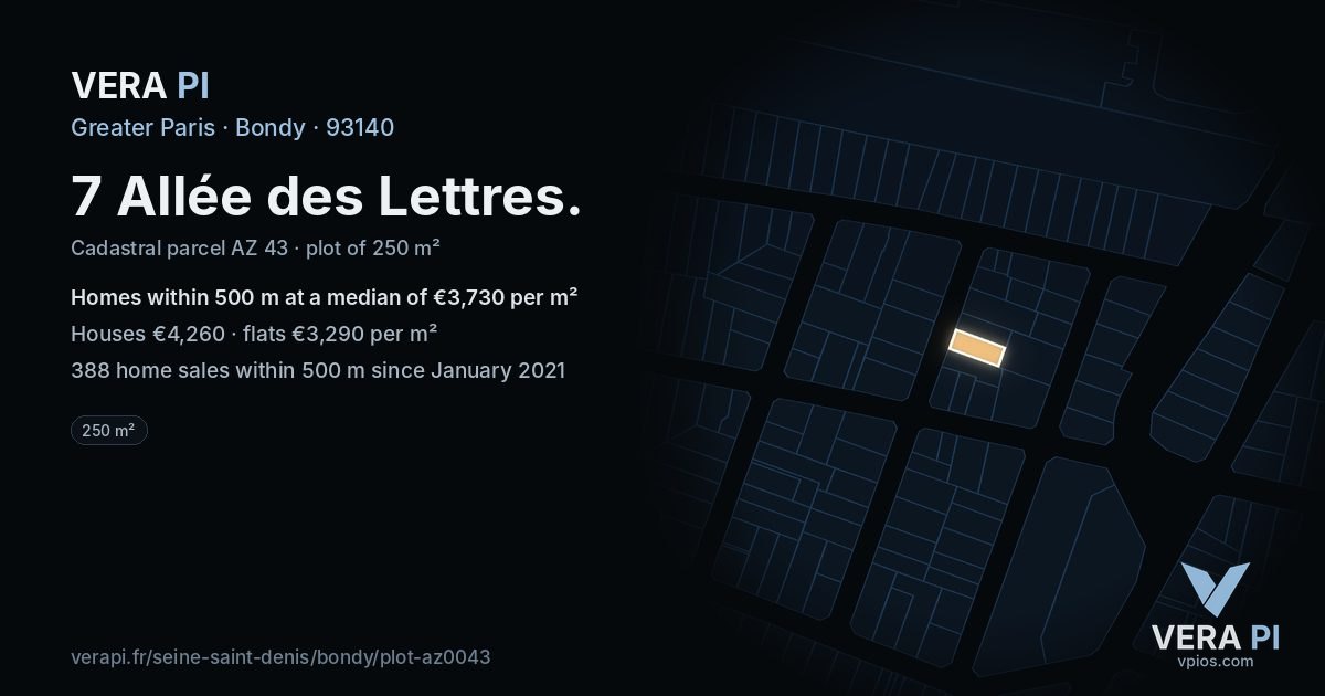 7 Allée des Lettres, Bondy at night – the plot lit, the parcels around coloured by the prices near them