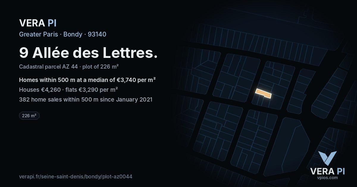 9 Allée des Lettres, Bondy at night – the plot lit, the parcels around coloured by the prices near them