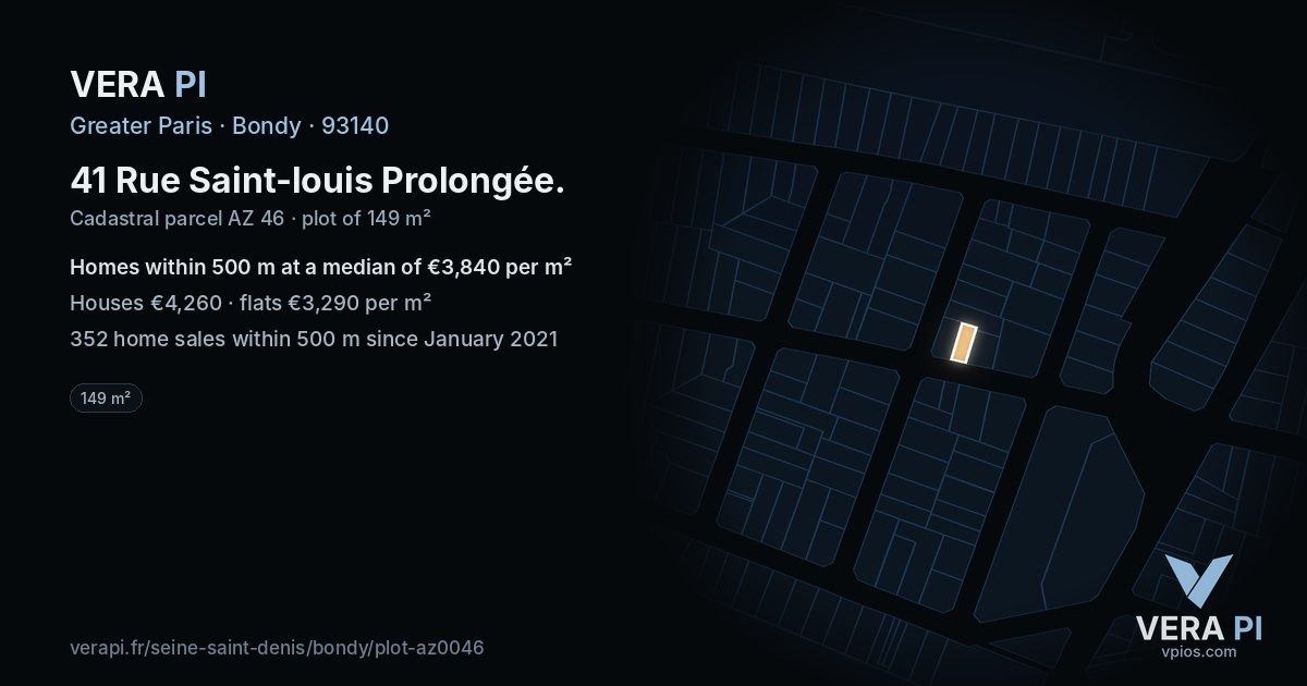 41 Rue Saint-louis Prolongée, Bondy at night – the plot lit, the parcels around coloured by the prices near them