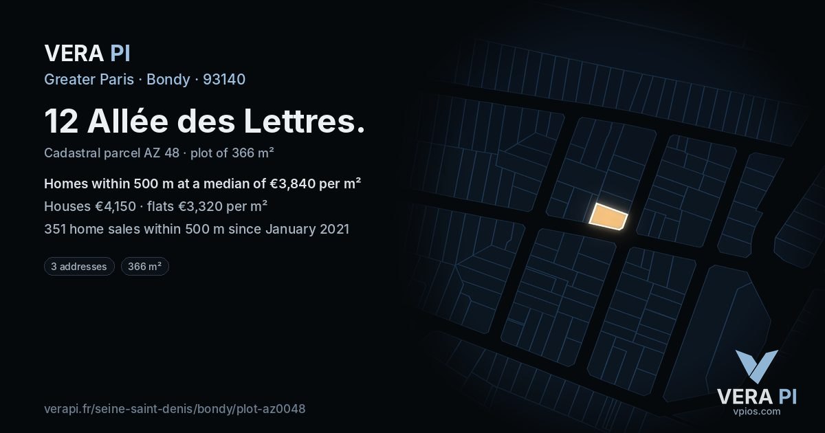 12 Allée des Lettres, Bondy at night – the plot lit, the parcels around coloured by the prices near them