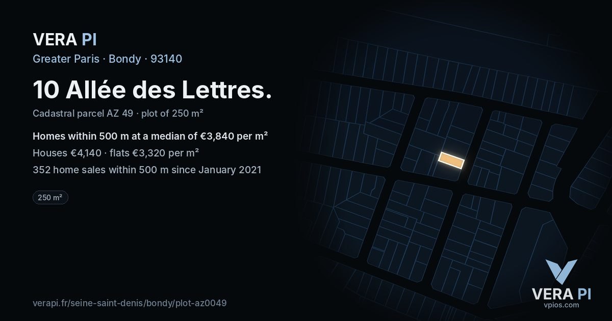 10 Allée des Lettres, Bondy at night – the plot lit, the parcels around coloured by the prices near them