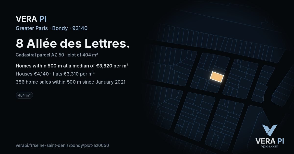 8 Allée des Lettres, Bondy at night – the plot lit, the parcels around coloured by the prices near them