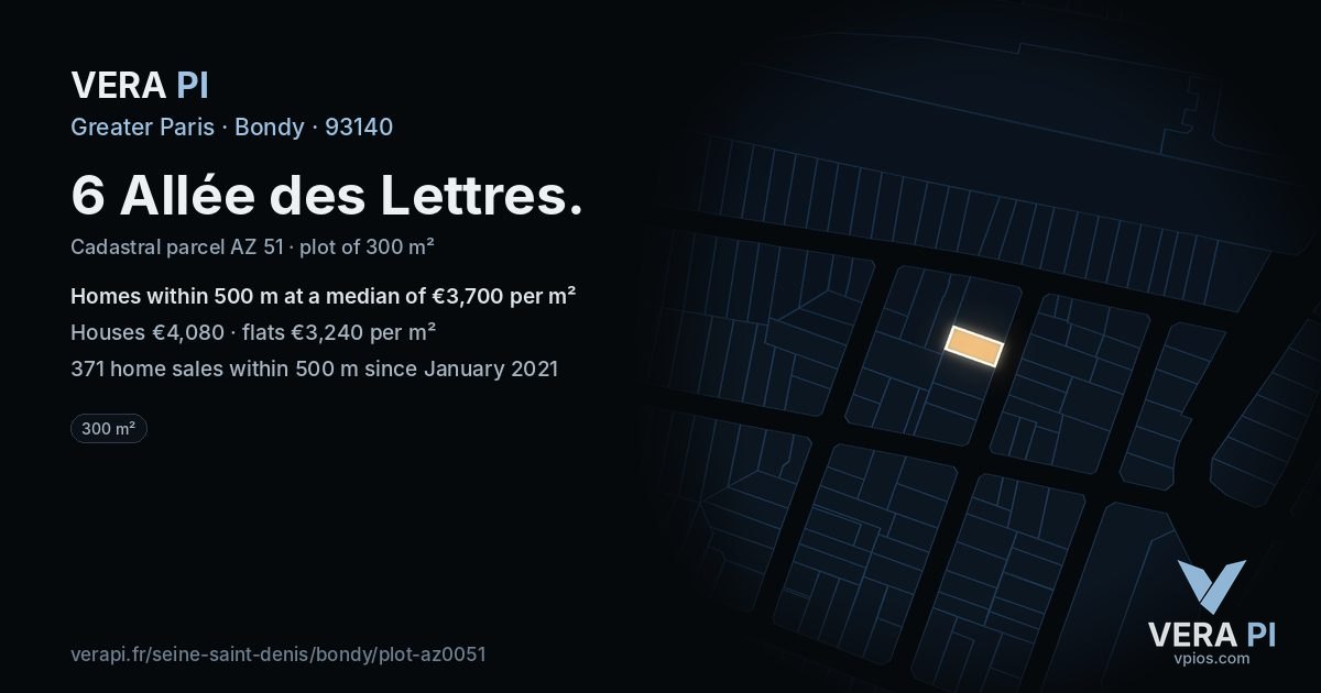 6 Allée des Lettres, Bondy at night – the plot lit, the parcels around coloured by the prices near them