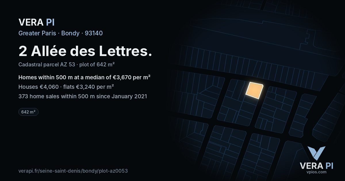 2 Allée des Lettres, Bondy at night – the plot lit, the parcels around coloured by the prices near them