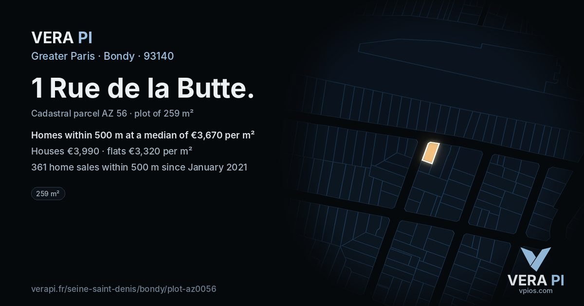 1 Rue de la Butte, Bondy at night – the plot lit, the parcels around coloured by the prices near them