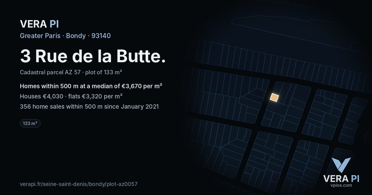 3 Rue de la Butte, Bondy at night – the plot lit, the parcels around coloured by the prices near them