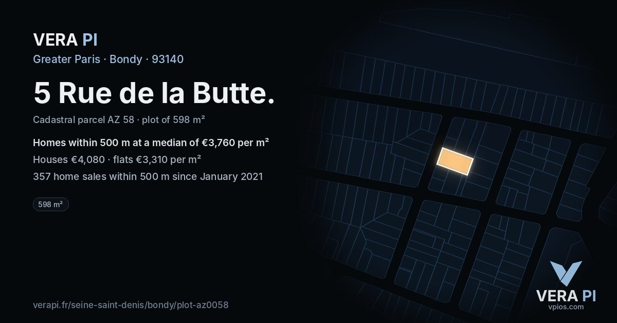5 Rue de la Butte, Bondy at night – the plot lit, the parcels around coloured by the prices near them