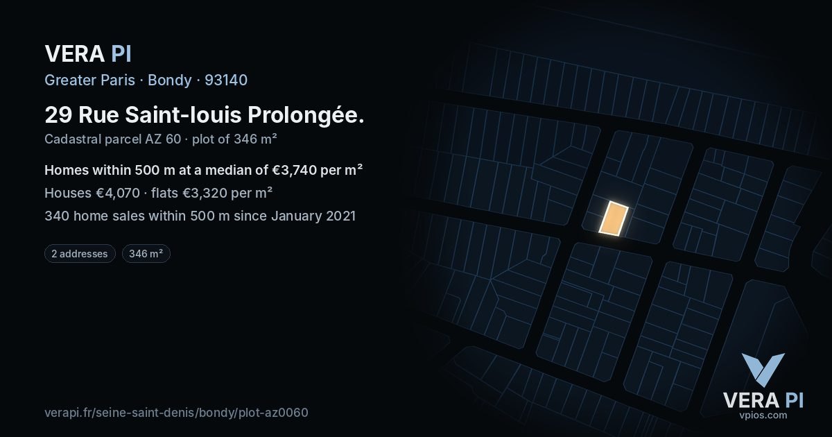 29 Rue Saint-louis Prolongée, Bondy at night – the plot lit, the parcels around coloured by the prices near them